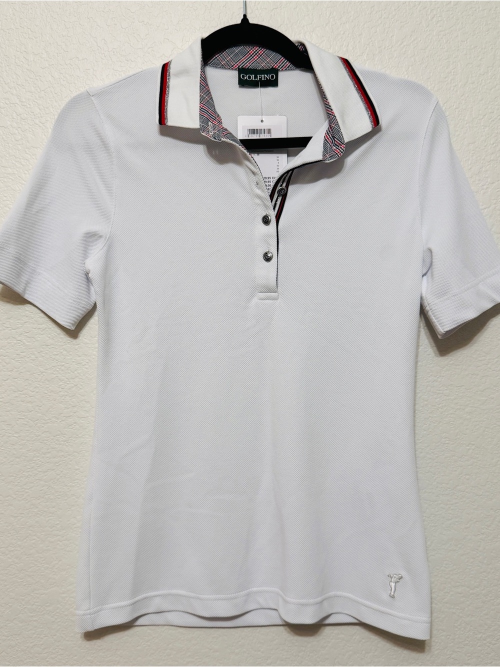 🦋 Golfino| NWT Women’s White Plaid Trim Golf Polo Shirt XS EU 34 USA 4